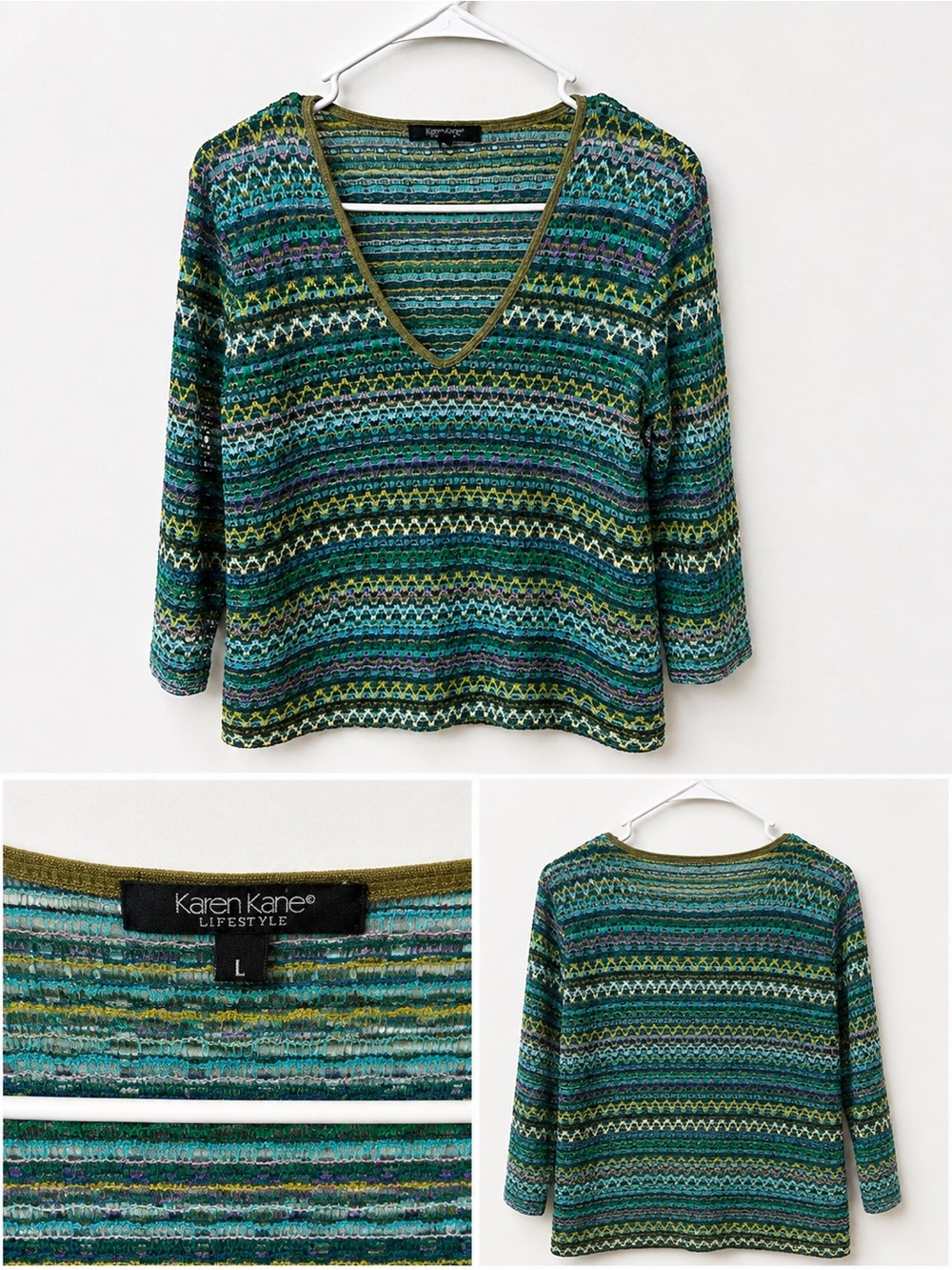⭐️3/$20 Karen Kane Lifestyle Multicolor Open Knit V-Neck Sweater Size L